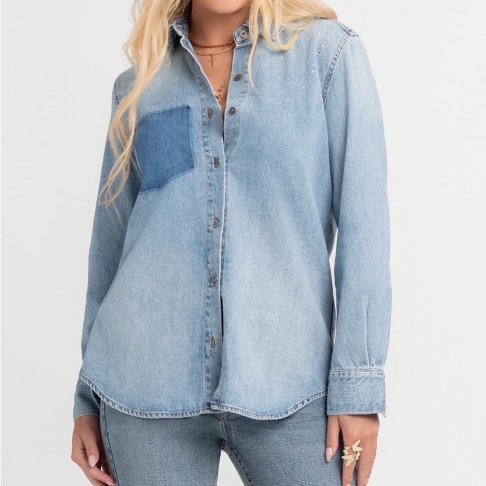 Light Wash Soft Denim Button Down Shirt Light Blue L Jessica Simpson